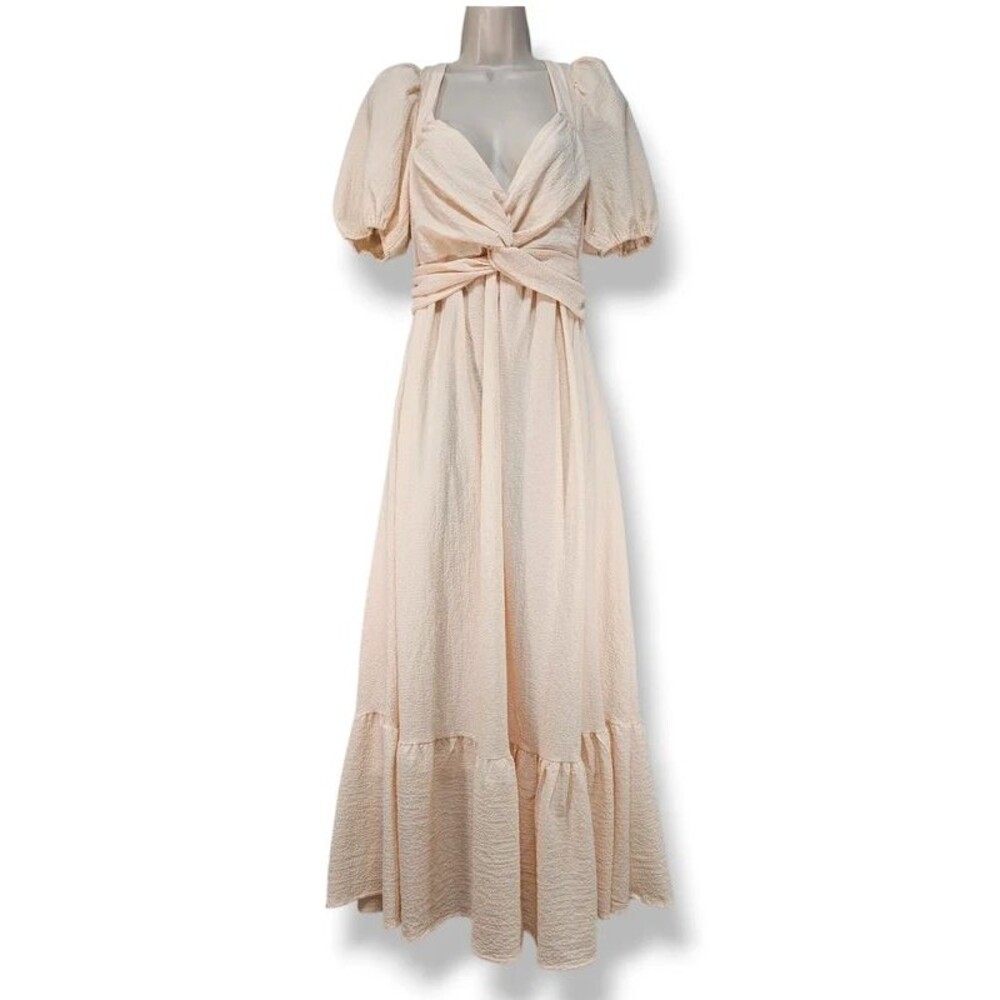 ASTR The Label Cream Textured Puff Sleeve Tie Back Midi Dress Size L Prairie